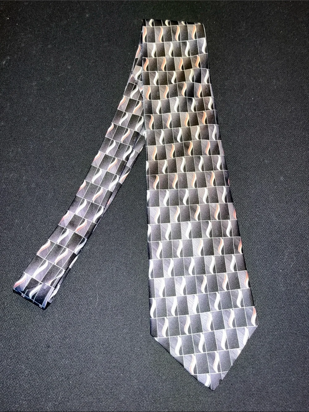 Pierre Cardin Black, Gray and Peach Geometric Silk Tie